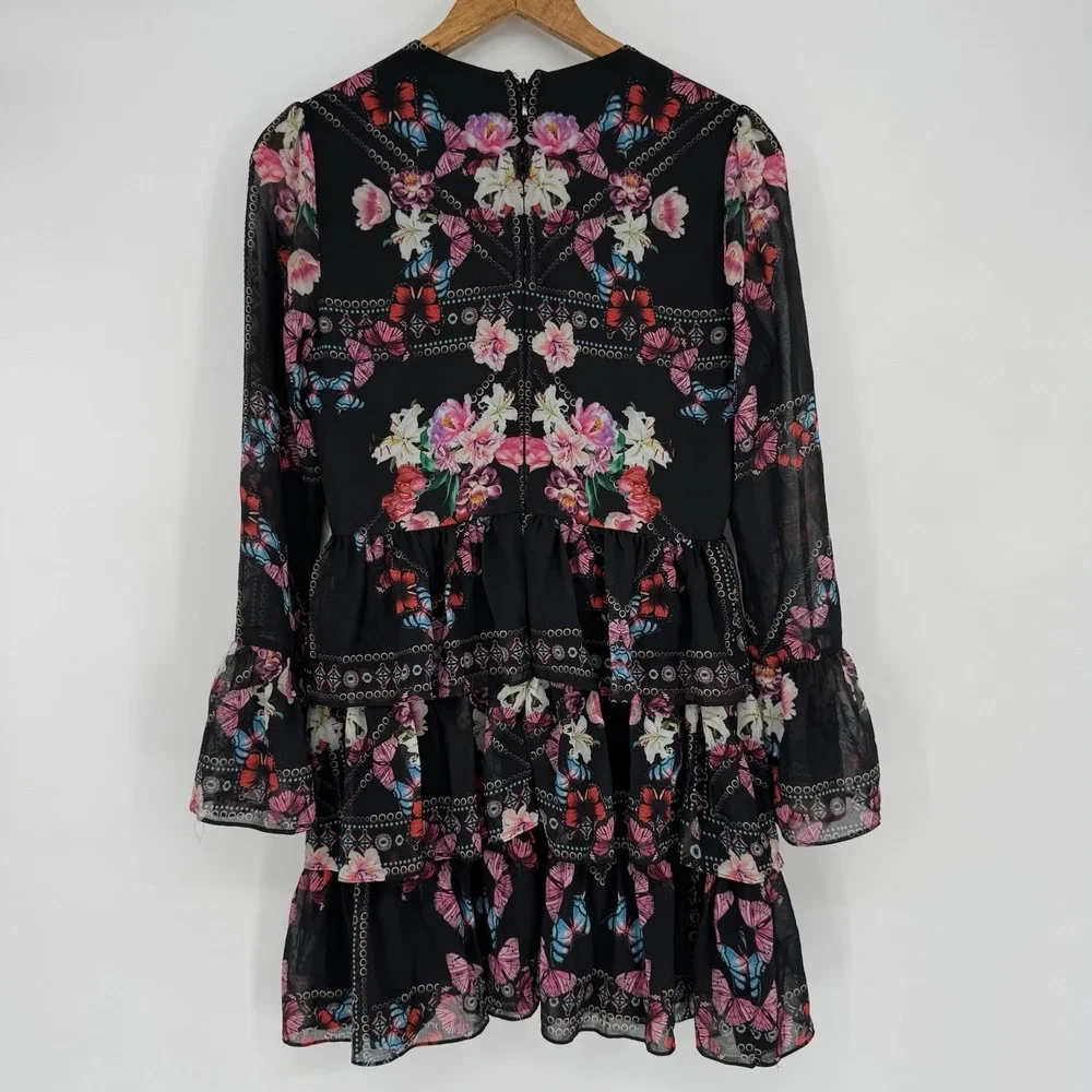 Bebe Bell Sleeve Dress Women's Small Black Pink Floral Chiffon Clara‎ Ruffle